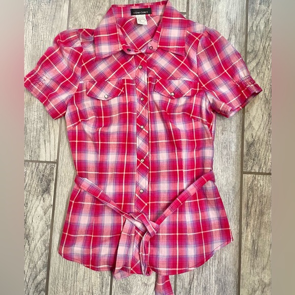 Uno Core Pink & Purple Plaid Short Sleeve Shirt with Pearl Snap Buttons & Tie - Picture 4 of 7